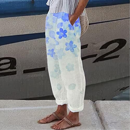 Zdfer feminina impressão floral de verão Casual calça de linho de algodão solta calça elástica de calça cônica
