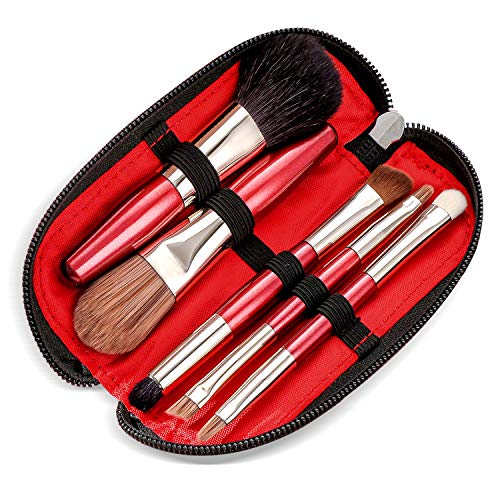 Escovas de maquiagem mini-maquiagem protegidas com estojo de viagem, escovas de cosméticos de 5pcs kit-incluses de fundação-contornar-se-blush e escovas de sombra
