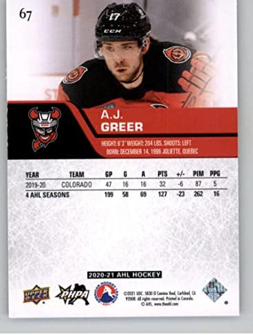 2020-21 Deck superior AHL 67 A.J. Greer Bridgeport Sound Tigers RC RC ROOKIE HOCKEKE Trading Card