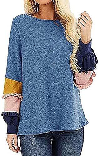 Túnica feminina bloco colorido bloco de manga longa de renda de renda swort blusa de camiseta top