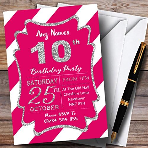 O card zoo rosa listras diagonais de prata 10º convites de festa de aniversário personalizados