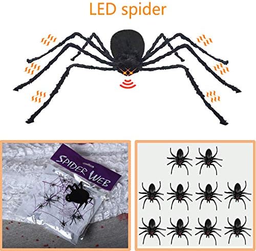 Crrxin Halloween Decorações gigantes -aranha 4,1 pés com teia de aranha, olhos vermelhos assustadores com som assustador,