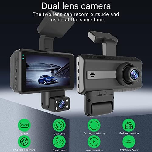 Dash Cam Front and Inside, câmera Dash Câmera 1080p FHD DVR Driving Recorder de Câmera de painel de tela IPS 3.0 polegadas