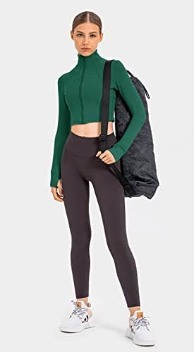 Ktilg Women Workout Crop Colt Jackets de manga longa Zip-up Pullover leve de ioga atlética Running Tops com orifícios de polegar
