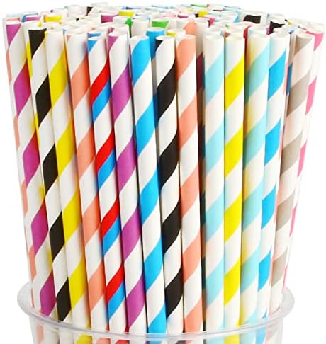 Kimober 200pcs canudos de papel biodegradável, 10 listras coloridas Rainbow Drinking Paper canudos para material de aniversário havaiano