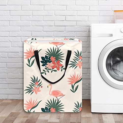Cestas de lavanderia com alças dobráveis ​​elegantes flamingo tropical e folhas cesto de armazenamento impressa para crianças adultos quartos para adolescentes banheiros de roupas sujas de roupas