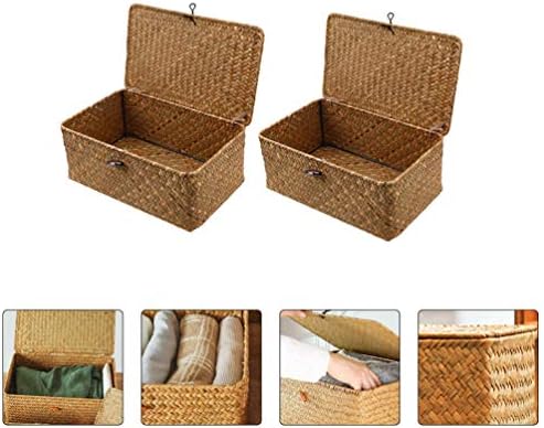 Yarnow 2pcs cestas de armazenamento de ervas marinhas com tampas de cestas retangulares cestas de vime de vime lixo