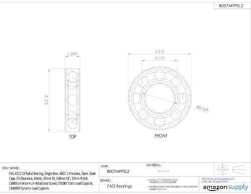 FAG 6313-C4 Rolamento radial, linha única, precisão ABEC 1, abertura, gaiola de aço, folga C4, métrica, ID de 65 mm, 140