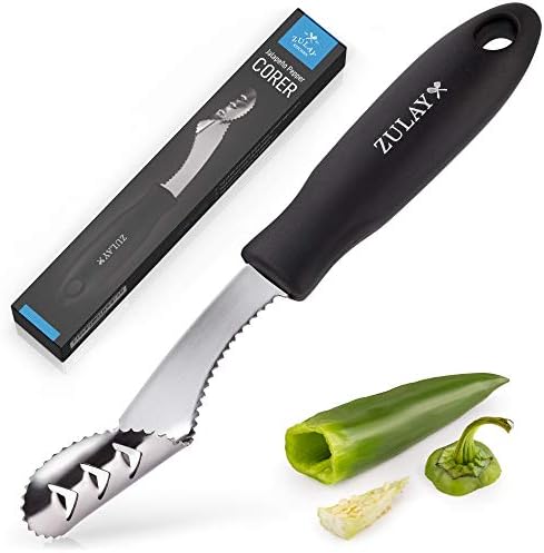 Zulay 2 -in -1 Jalapeno Corer Tool - Ferramenta de removedor de sementes de pimenta em aço inoxidável com bordas serrilhadas e alça de borracha macia - Jalapeno Pepper Corer Seed Remover - Ferramenta de remoção de sementes de pimenta