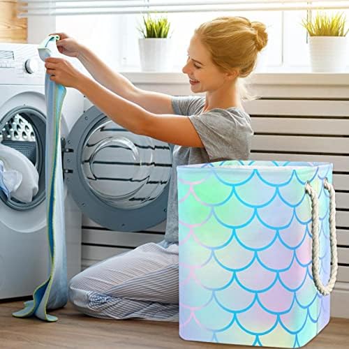 Resumo Mermaid Scale Pattern Laundry Basket Storage Sacos embutidos com suportes destacáveis ​​cesto de roupa dobrável para