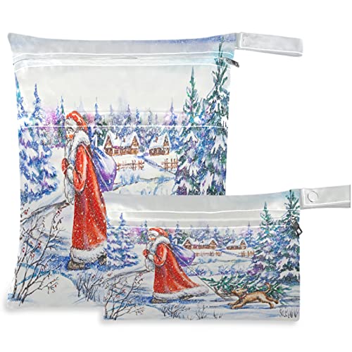 VISESUNNY Feliz Natal Papai Noel e Dog 2pcs bolsa molhada com bolsos com zíper para fraldas salateadas reutilizáveis