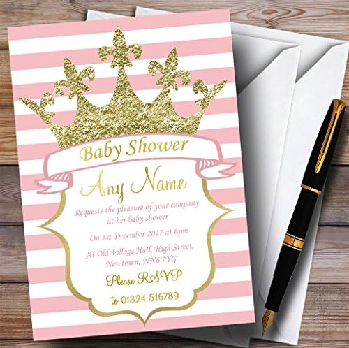 Pink Stripes Gold Crown Princess Invitations convites do chá de bebê