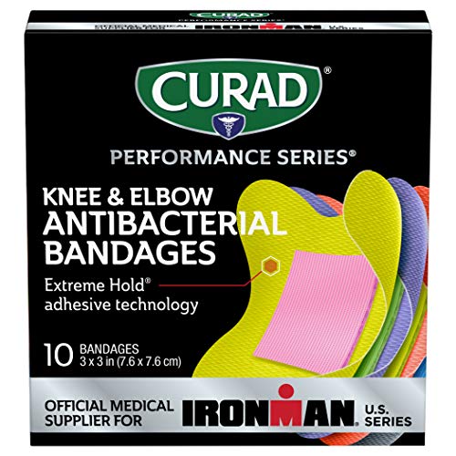 Curad Performance Series Ironman Knee e cotovelo de bandagens antibacterianas, tecnologia adesiva extrema, bandagens de tecido, 10 contagem