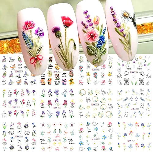 12 lençóis adesivos de arte de flor da flor, primavera de lavandos de flor da primavera de primavera lavandos libélulas de borboleta para mulheres acrílico unhas artes transferências