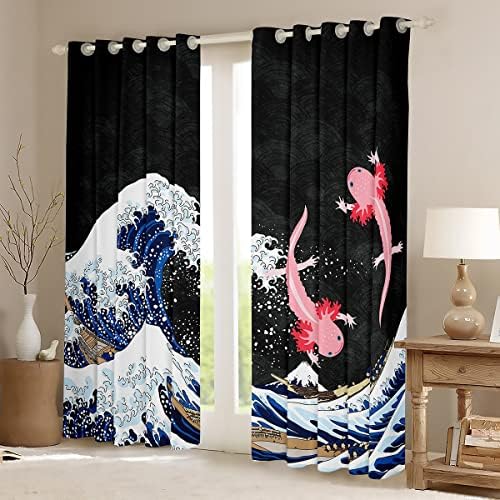 Cortinas de axolotl ondas marinhas japonesas cortinas de blecaute para crianças crianças, Japão Ukiyoe estilo e cortinas