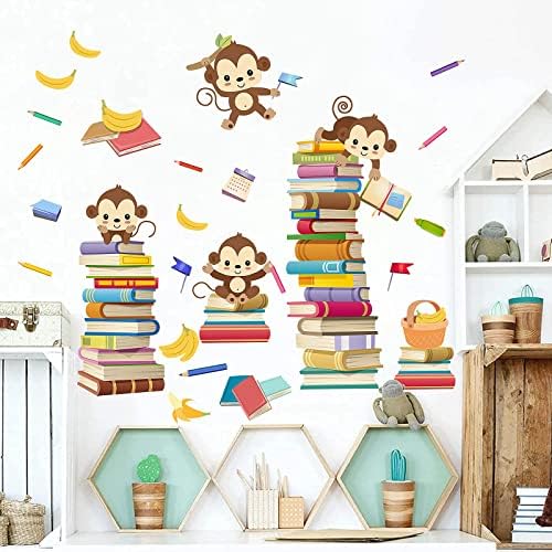 Decalques de parede de macaco Animais Monkey Reading Books Adesivos de parede para bebês berçário infantil decoração de parede da sala de aula