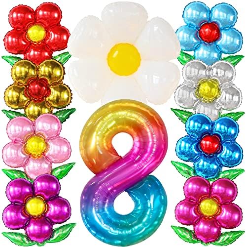 Gigante, Rainbow 8 Número do balão - 40 polegadas | Tie Dye Número 8 Balões para aniversário | Enorme conjunto de balões de flores