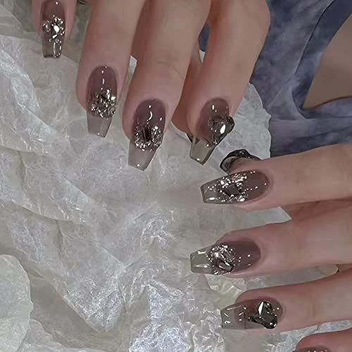 IMSOHOT CAFINO Médio Pressione em unhas com desenhos cinza Glitter Fake Nails cola de diamante em unhas Ballerina Falsa unhas Clear