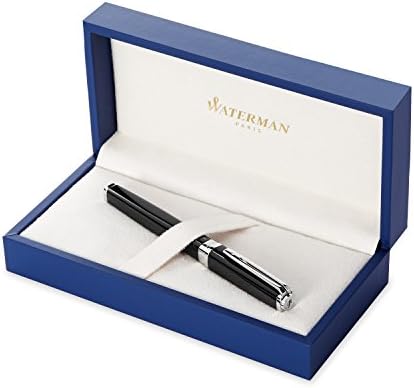 Caneta -tinteiro de exceção de Waterman, preto esbelto com clipe prateado, ponta fina com cartucho de tinta azul, caixa