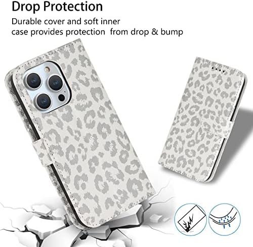 Ｈａｖａ ａ iPhone 14 Pro Max Telefone carteira com suporte para cartão, iPhone 14 Pro Max Wallet para mulheres, capa de flip com slots de cartão de crédito e pulseira de pulso para mujer -white leopard impressão