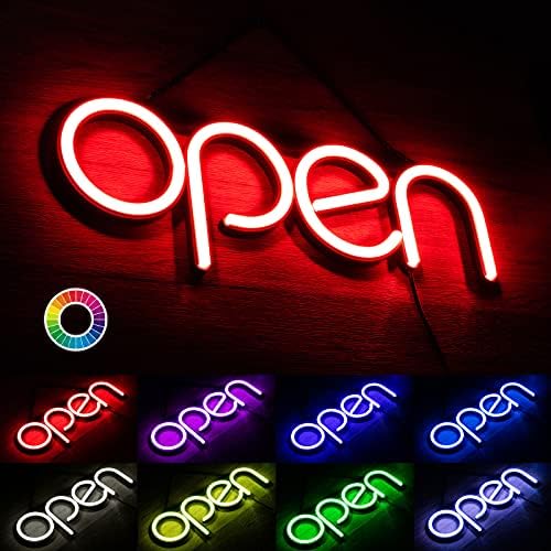 Tzextze Sign Open para negócios, sinal de abertura de neon de 16x6 polegadas com vários modos de piscar de RGB, sinal