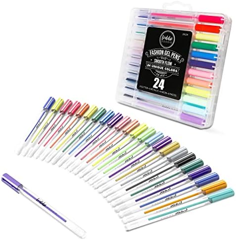 Canetas de gel colorido de Loddie Doddie para anotações, canetas de gel de tinta esferográfica com ponta de 1 mm, canetas coloridas de 24 pacotes em 6 neon, metálico, glitter, cores pastel