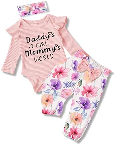 Dooleck recém -nascido roupas de roupas de roupas com nervuras com nervuras + calças florais + faixa de flores 3pcs roupas de bebê para meninas