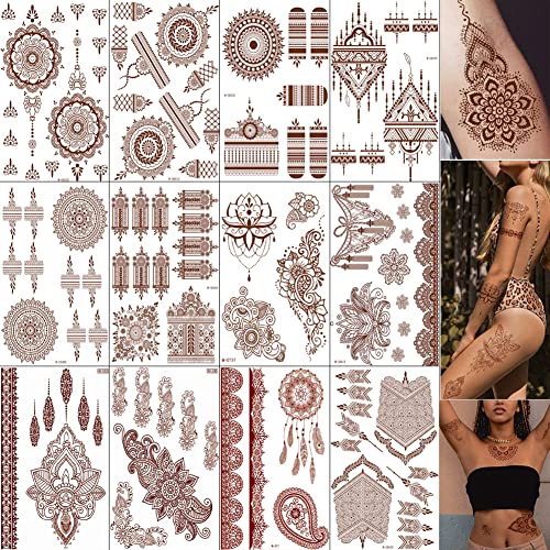 12 folhas Kit de tatuagem de henna marrom estêncil, adesivos de tatuagem de hena de hena à prova d'água para arte corporal