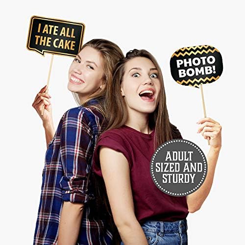 Feliz Aniversário Photo Booth adereços de Partygraphix - European Made Black and Gold Selfie Props Decorações de aniversário - Fácil de montar o kit de suporte de selfie de festa de aniversário inclui 15 peças