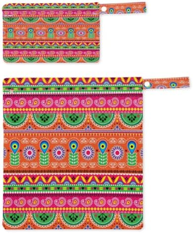 2pcs Bolsa impermeável e seca molhada Boho Bohemian Flor geométrica reutilizável Saco de pano de bebê lavável com dois bolsos