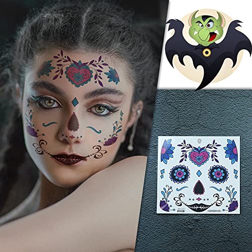 Halloween Face Tattoos Day of the Dead Temporary Tattoo adesivos 12 folhas Floral Prank Makeup Props para Decorações de festas de mascaras