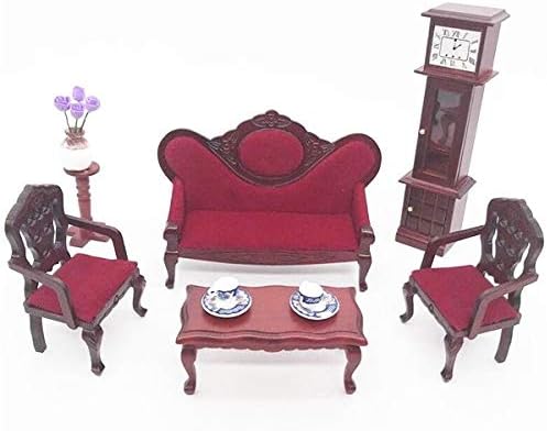 Eatingbiting 1:12 Móveis para sala de estar em miniatura Vintage Red Wooden Sofá Sofá de Armadeira Tabela 3pcs Sofá + 2 cadeiras