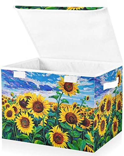InNewgogo Sunflowers Bins de armazenamento com tampas para organizar cubos de cestas com capa com alças Oxford Ploth