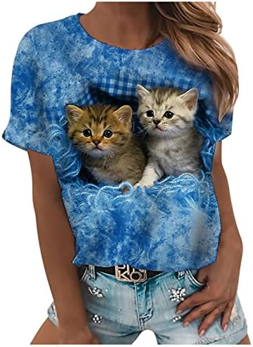 Tops for Women Crewneck T camisetas adoráveis ​​camisetas gráficas de impressão de gato