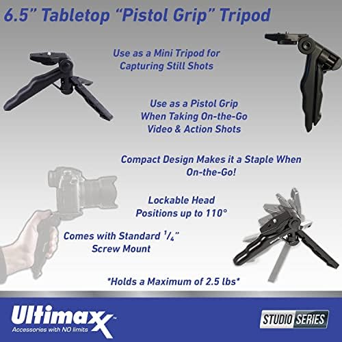 Ultimaxx 6,5 ″ Mini Mini leve e portátil Tripé/Pistola Grip para DSLR e Câmeras Sem Espelho Funciona como Tripé de Desktop, Tripé