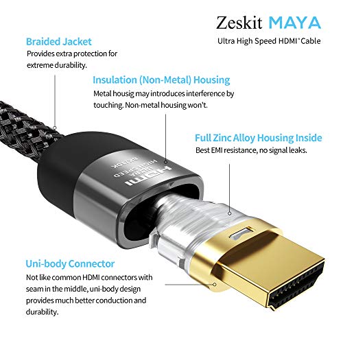 Zeskit Maya 8k 48Gbps Caga HDMI de alta velocidade certificada por 48 Gbps, 4K120 8K60 144HZ EARC HDR HDCP 2.2 2.3 Compatível com Dolby Vision Apple TV 4K Roku Sony LG Samsung Xbox Série X RTX 3080 PS4 PS5