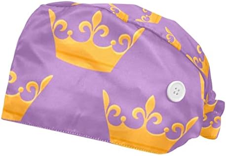 2 PCs Capinha de trabalho com botão Golden Queen Crown Purple Background Ajustável Tire Back Bouffant Hats for Women