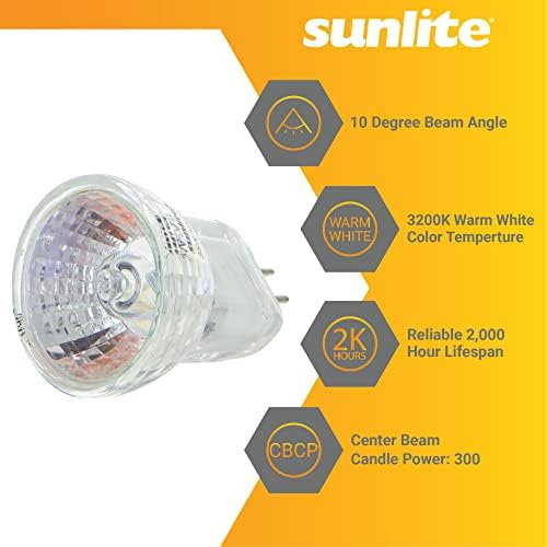 Sunlite 03194 MR8 Bulbo refletor de halogênio, 20 watts, 10 ° Spot, 12 volts, vida útil de 2000 horas, recaúra, base G4, guarda de capa, 3200, acessórios de teto, lanternas
