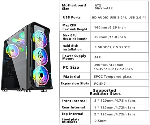 PC Gaming Case de computadores de vidro temperado/aço ATX Mid Tower USB 3.0 +RGB 6FANS