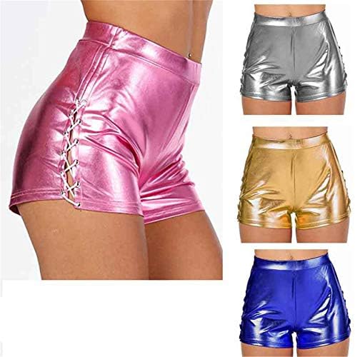 ANDONGNYWELKWELL Feminino Shiny Metallic Booty calça quente Dança Patente Patente Cozes Corretas Curtas