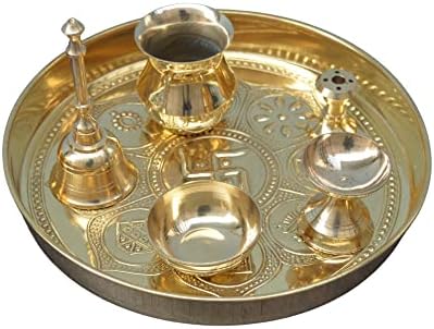 Kalarambh Brass Pooja puja prato / thali para o templo mandir arti mesa de mesa colecionável artes de artesanato - amarelo, 8 x 8 x