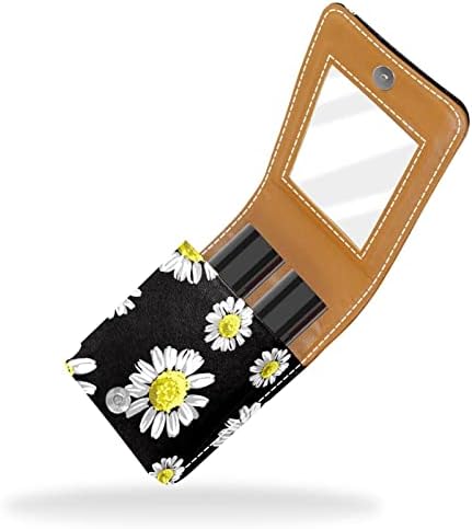Caixa de batom de maquiagem portátil para viajar, Camomile Flowers Mini Lipstick Storage Caixa com espelho para mulheres mulheres, bolsa cosmética de couro