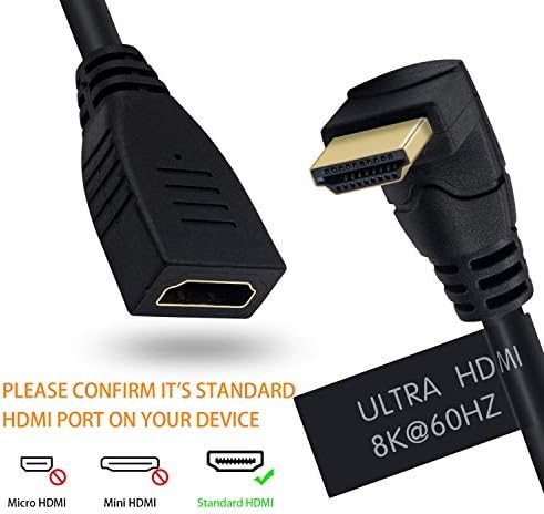 Cabo de extensão Poyiccot 8K HDMI, HDMI 2,1 Cabo de 90 graus ângulo HDMI macho para fêmea 8k HDMI 2.1 Cabo de 48 Gbps Ultra alta