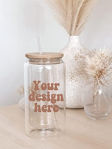 O Astrocus Frosted Glass pode com tampa de bambu, palha de plástico transparente com estampa floral. O vidro floral pode. Copo de vidro fosco. Ótimo para férias, presente de aniversário do dia dos namorados