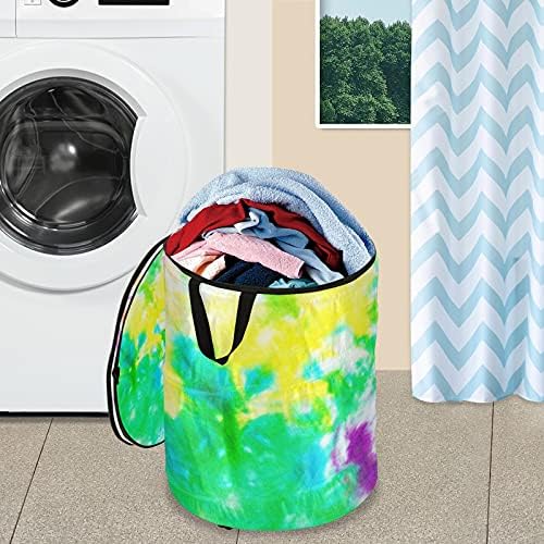 Corante colorido de corante abstrato pop up lavanderia cesto com tampa com zíper cesta de roupa dobrável com alças