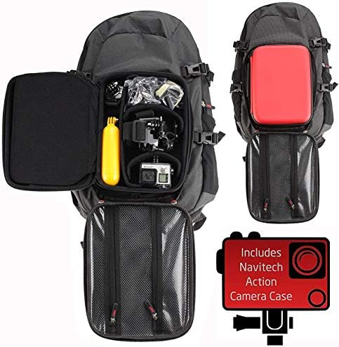 Backpack da câmera de ação da Navitech e estojo de armazenamento vermelho com tira de tórax integrada - compatível com