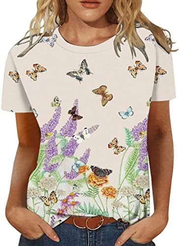 Blusa da tripulante para feminino Summer Summer outono de manga curta Butterfly Graphic Relaxed Fit Tops casuais T camisetas Ladies 2023
