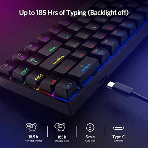 Tewell 68 Keys Teclado sem fio e com fio Teclado de jogos mecânicos com interruptores azuis, clique audível Clique em som Rainbow Portable