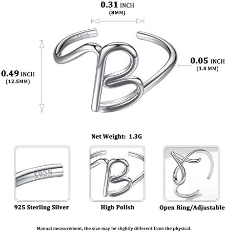 Chicsilver personalizado 925 prata esterlina anel de letra inicial A-Z Anel empilhável Tamanho ajustável 6-11