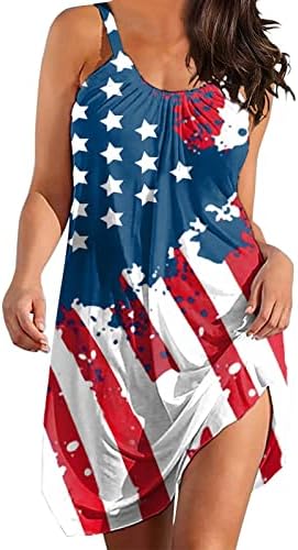 Vestido de camisa Dia do verão Dia da Independência Para Mulheres Moda Americana 4 de julho Elegant o pescoço sem mangas Ruched